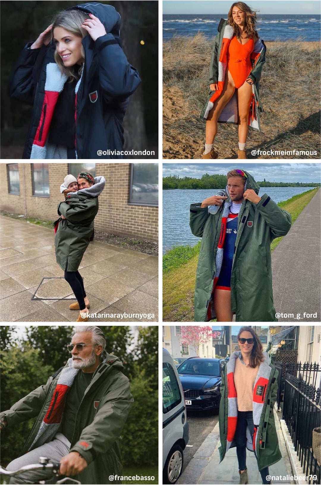 This image has 6 different images about the uses of The Beaufort Robe by D-Robe. You can use it as a dry robe after a swim, as a raincoat during Spring showers, as a Parka during the colder months, or style it as an oversize outdoor robe. The uses of The Beaufort Robe are immense. 