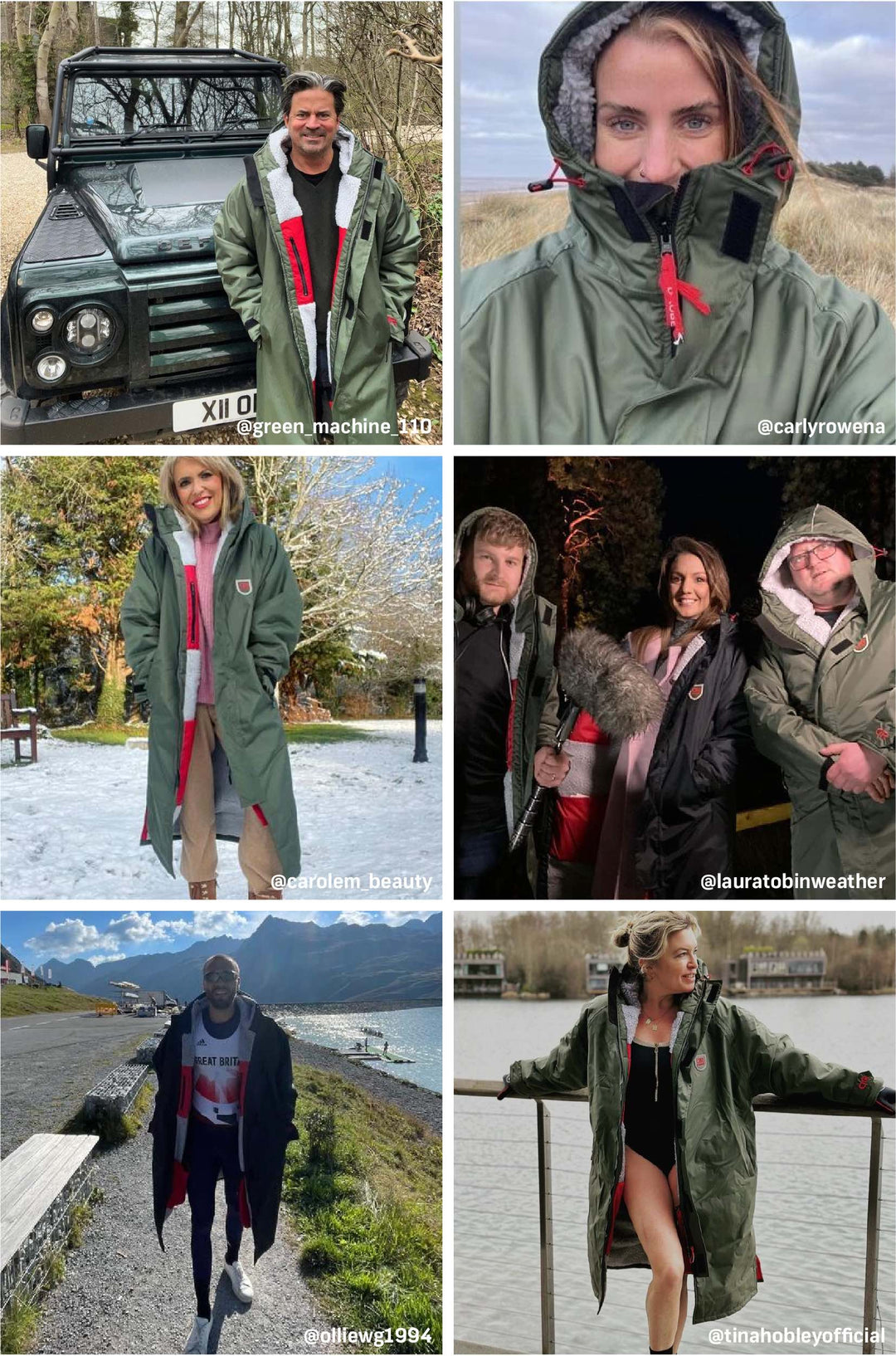 This image showcases six different uses of the Beaufort Robe by D-Robe. You can utilize it as a dry robe after a swim, as a raincoat during Spring showers, as a parka during colder months, or even style it as an oversized outdoor robe. The versatility of the Beaufort Robe knows no bounds.