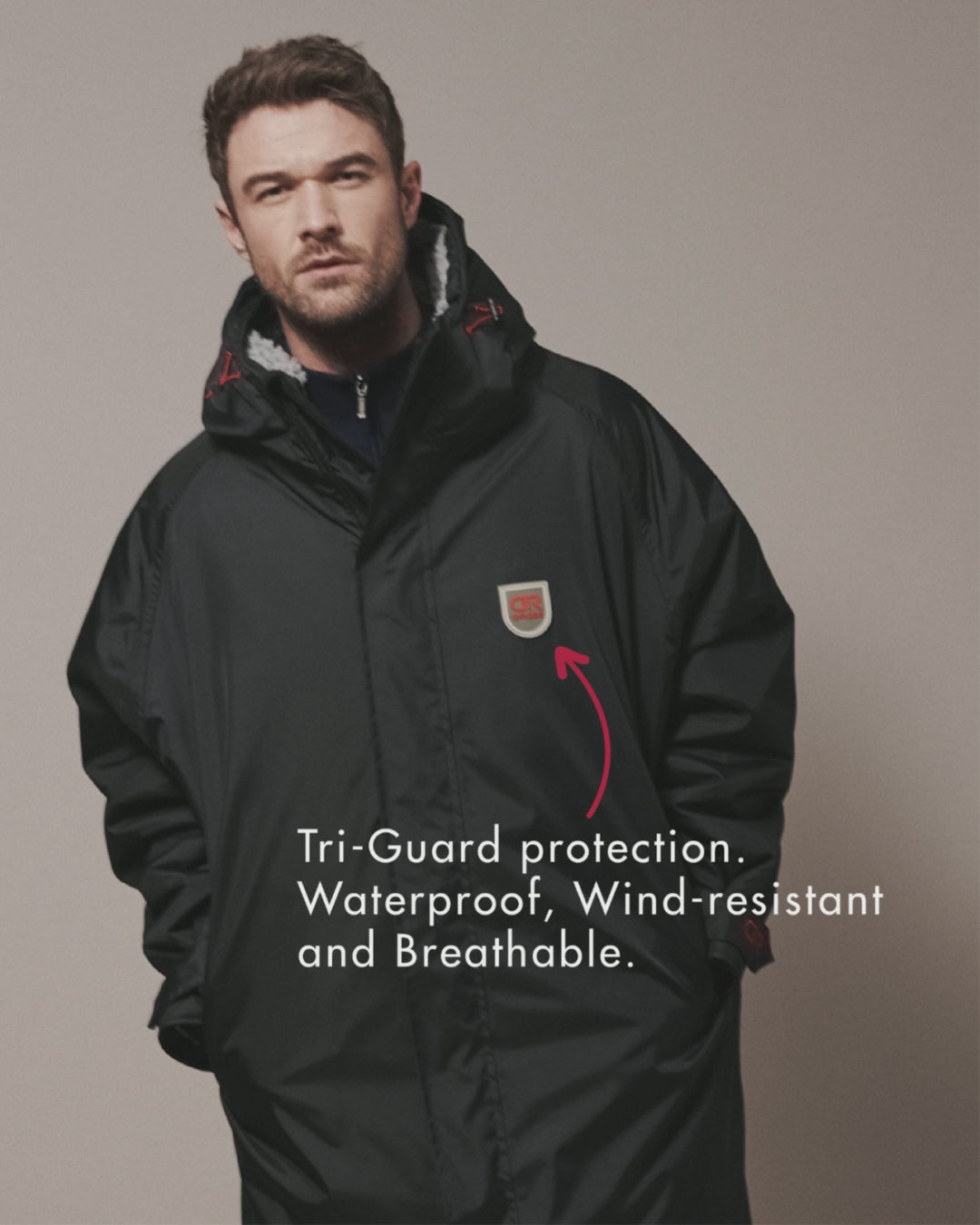 Video of our black dry robe, with recycled polyester inner fleece lining and recycled nylon outer shell. It is waterproof, weatherproof, durable, timeless and functional, making it an essential item to all outdoor wardrobes.