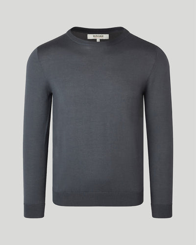 Image of our merino wool crew neck jumper in storm grey for men and women are made from a lightweight fabric and reactive natural fibre.
