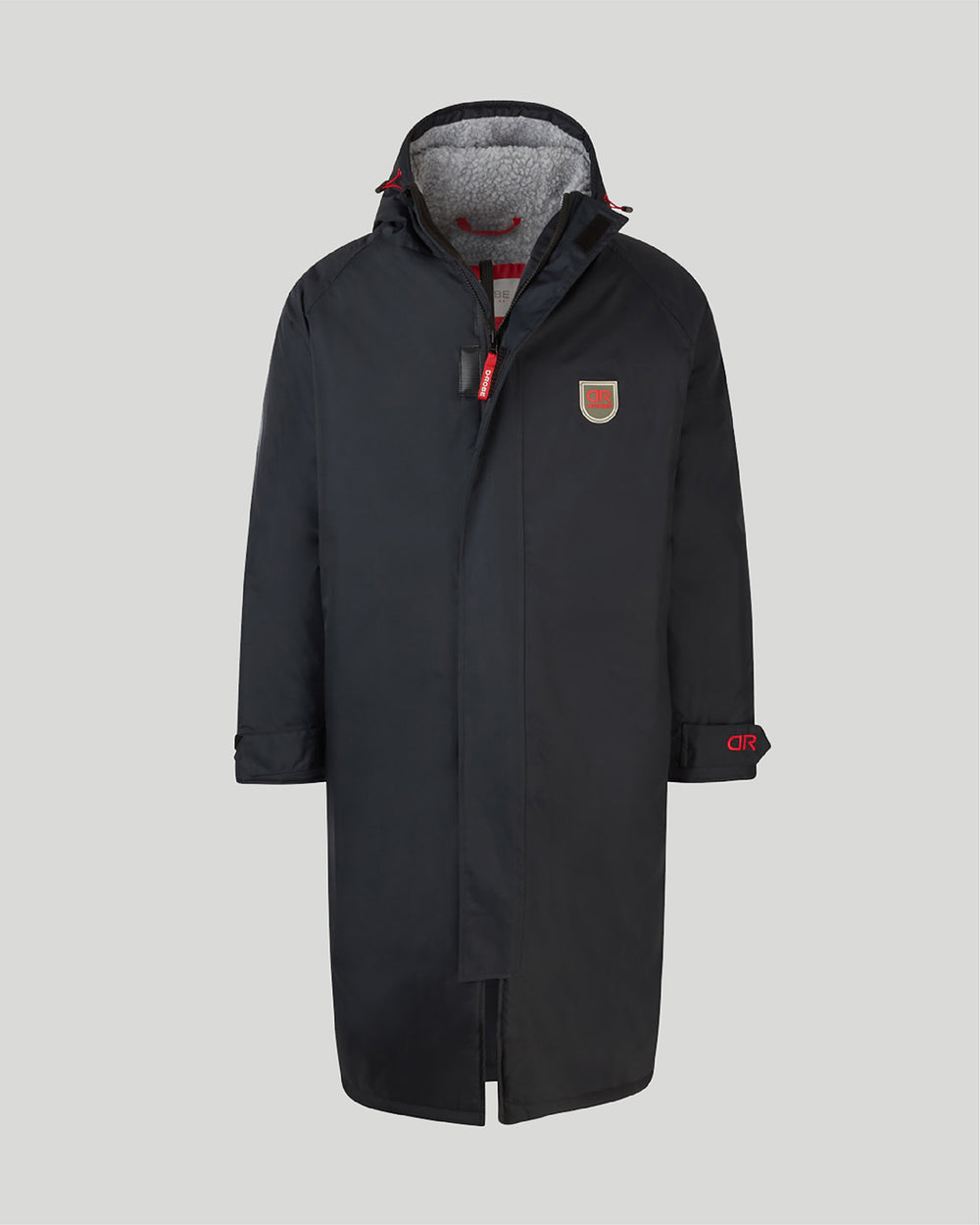Image of our junior dry robe in anthracite, made with recycled polyester inner fleece lining and recycled nylon outer shell. It is waterproof, weatherproof, durable, timeless and functional, making it an essential item to all outdoor wardrobes.