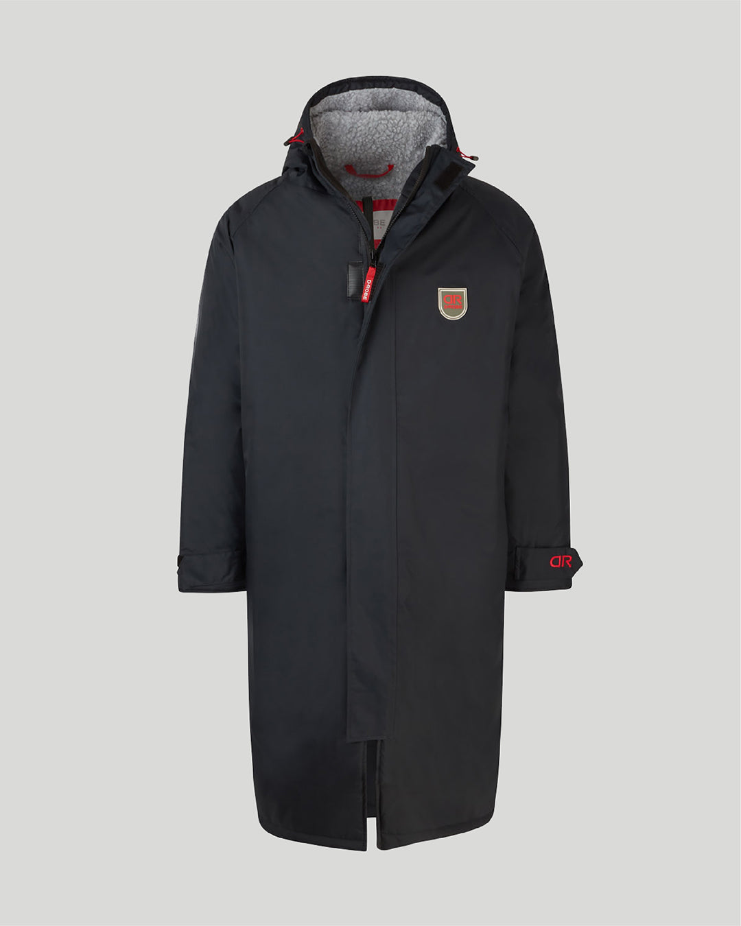 Image of our junior dry robe in anthracite, made with recycled polyester inner fleece lining and recycled nylon outer shell. It is waterproof, weatherproof, durable, timeless and functional, making it an essential item to all outdoor wardrobes.