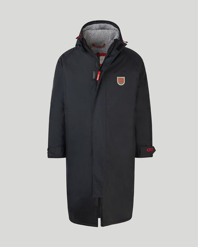 Image of our junior dry robe in anthracite, made with recycled polyester inner fleece lining and recycled nylon outer shell. It is waterproof, weatherproof, durable, timeless and functional, making it an essential item to all outdoor wardrobes.