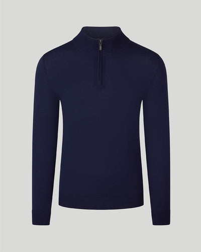 Image of our merino wool 1/4 zip jumper in navy for men are made from a lightweight fabric and reactive natural fibre. 
