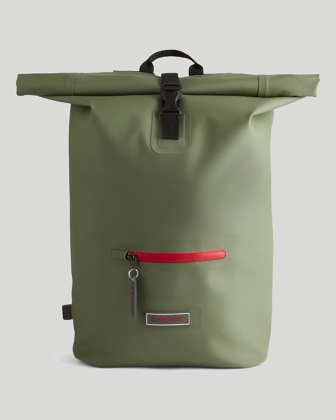 Image of our moss green roll-top rucksack, crafted from TPU - a durable, waterproof, recyclable and biodegradable material.
