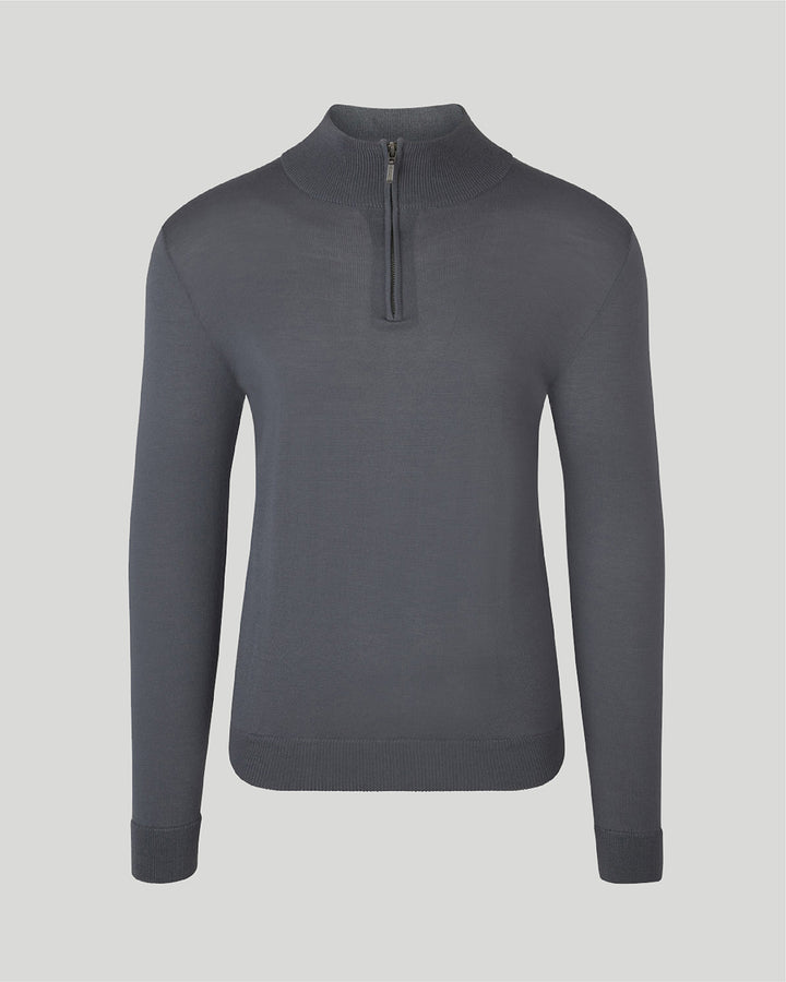 Image of our merino wool 1/4 zip jumper in storm grey for men are made from a lightweight fabric and reactive natural fibre.
