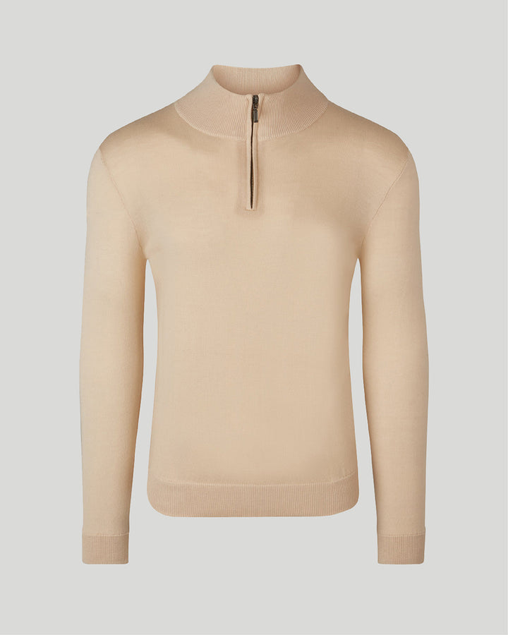 Image of our merino wool 1/4 zip jumper in desert sand for men are made from a lightweight fabric and reactive natural fibre.